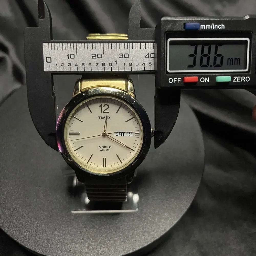 Timex Indiglo Quartz Day/Date Indiglo SS Gold Tone White Dial 38mm New Battery